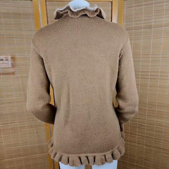 Baby Alpaca Sweater Womens L Beige Brown Ruffled Long Sleeve Cardigan Peru Fibra - Picture 4 of 10